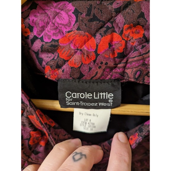 Vintage 1980s Carole Little Purple Poppy Floral Quilted Equestrian Art Jacket 10 - Picture 3 of 8